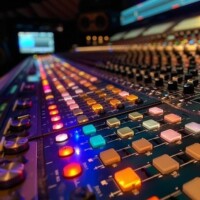 Close-up of a sound mixing console with colorful illuminated controls
