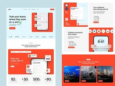 Multi-panel web interface mockup with repeated cards, buttons, and navigation anchors